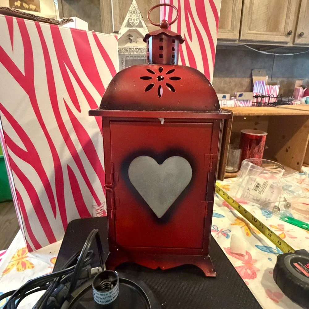 Pink Zebra Rustic Red Metal Electric Lantern Heart Cutout Frosted Glass